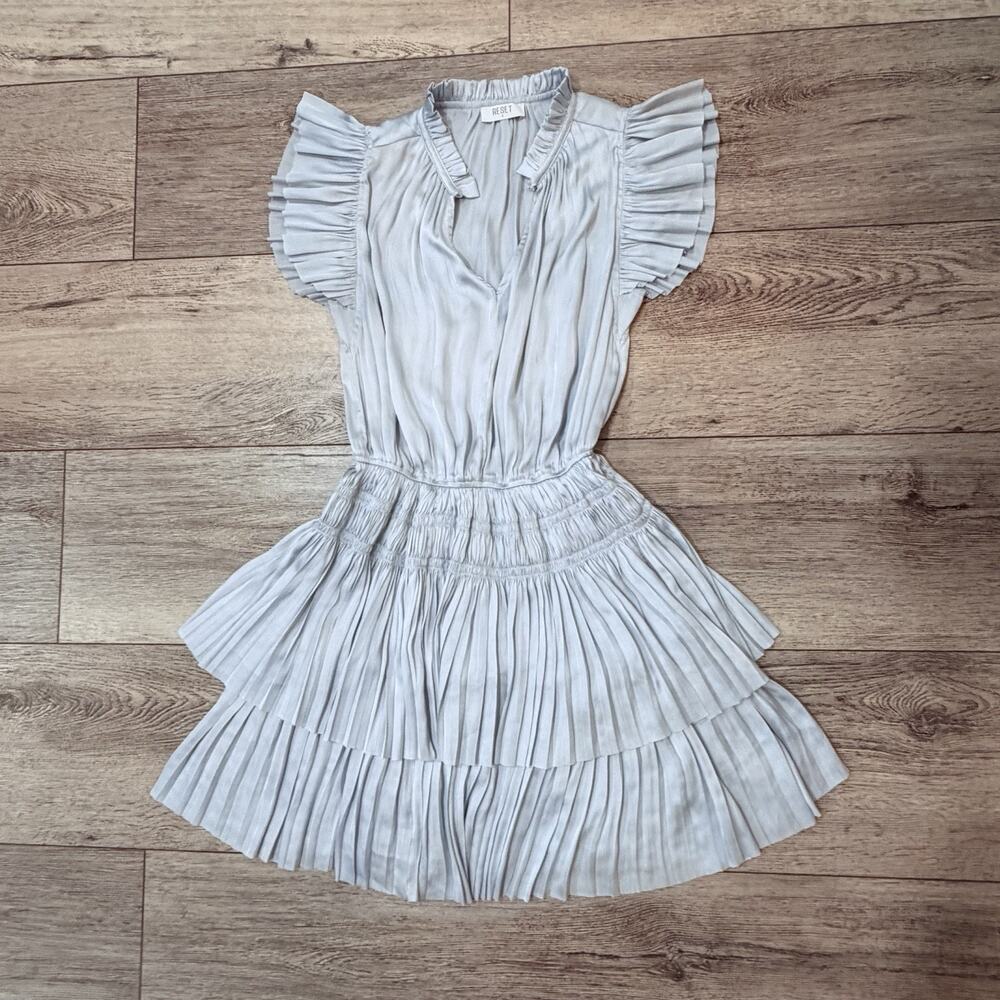 RESET by Jane Dress Small S Blue Smocked Tiered Ruffle Pleat Romantic Coastal